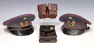 (4) WWII MILITARY ITEMS AMMO POUCH, MAP CASE, HATS
