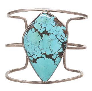 LARGE STERLING SILVER & TURQUOISE CUFF, MEXICO