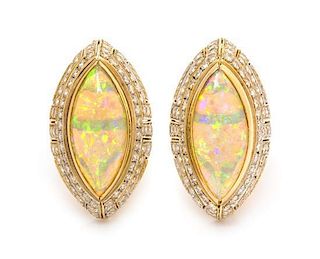* A Pair of 18 Karat Yellow Gold, Opal and Diamond Earclips, 10.00 dwts.