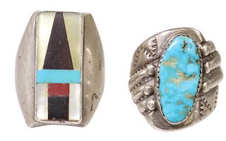 (2) SOUTHWEST SILVER, TURQUOISE & INLAID RINGS