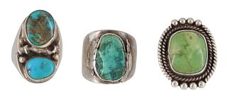 (3) GENTS NATIVE AMERICAN SILVER & TURQUOISE RINGS