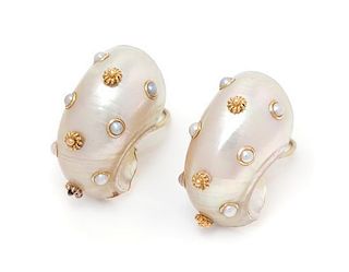 A Pair of 14 Karat Yellow Gold, Shell and Cultured Pearl Earclips Trianon, 11.00 dwts.