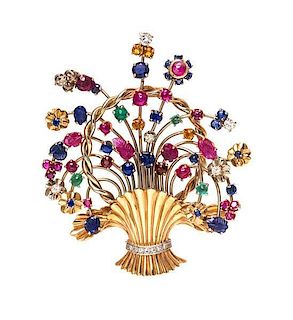 A Bicolor Gold, Diamond, Sapphire, Emerald, Ruby and Citrine Flower Basket Brooch, 31.90 dwts.