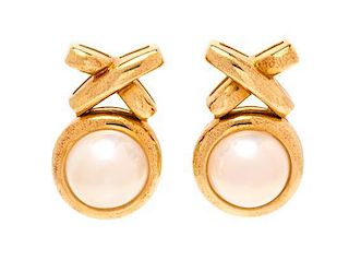 A Pair of 18 Karat Yellow Gold and Cultured Mabe Pearl Earclips, Paloma Picasso for Tiffany & Co., 9.80 dwts.