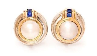 A Pair of Sterling Silver, 18 Karat Yellow Gold, Mabe Pearl and Sapphire Earclips, Tiffany & Co., Circa 1984, 16.00 dwts.