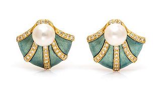 A Pair of 18 Karat Yellow Gold, Diamond, Cultured Pearl and Enamel Shell Motif Earrclips, 13.40 dwts.