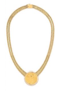 * A 14 Karat Yellow Gold, US $50 1986 American Eagle Gold Coin and Diamond Necklace, 52.00 dwts.