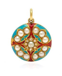 A Victorian Yellow Gold, Polychrome Enamel, Pearl and Diamond Pendant, 3.70 dwts.