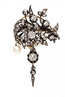 * A Silver Topped Gold, Diamond and Pearl Brooch, 7.90 dwts.