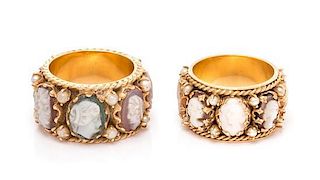 A Collection of Yellow Gold, Multigem Cameo and Seed Pearl Eternity Bands, 14.20 dwts.