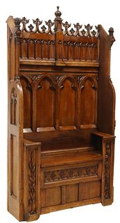 FRENCH GOTHIC REVIVAL CARVED OAK HALL BENCH