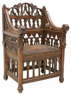 FRENCH GOTHIC REVIVAL CARVED THRONE ARMCHAIR