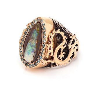 An 18 Karat Rose Gold, Sterling Silver, Opal, Colored Diamond and Ruby Dragon Motif "Objects Organique" Ring, K. Brunini, 22.
