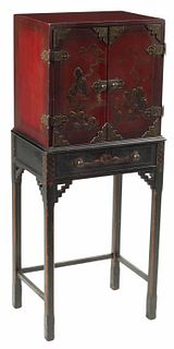 CHINOISERIE RED LACQUER CABINET ON STAND