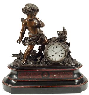 FRENCH BRONZE & MARBLE FIGURAL MANTEL CLOCK