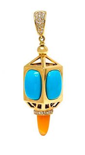 An 18 Karat Yellow Gold, Turquoise, Diamond and Chalcedony Pendant, Barry Brinker, 13.70 dwts.