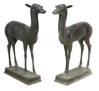(2) PATINATED BRONZE FAWNS AFTER THE ROMAN ANTIQUE