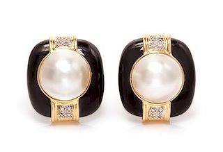A Pair of 14 Karat Yellow Gold, Onyx, Mabe Pearl, and Diamond Earclips, 16.90 dwts.
