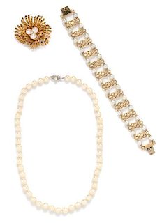 A Collection of 14 Karat Gold and Cultured Pearl Jewelry, 30.40 dwts. (excluding pearl necklace)