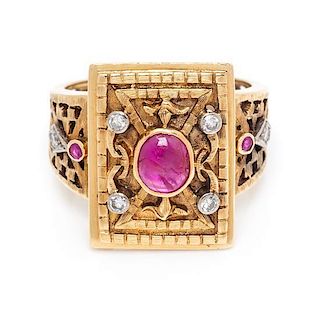 A Yellow Gold, Ruby and Diamond Ring, 5.60 dwts.