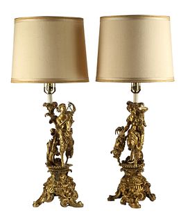 (2) FRENCH BRONZE SATYR CANDLESTICK TABLE LAMPS