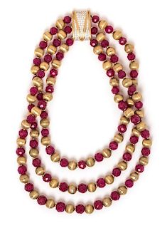 An 18 Karat Yellow Gold, Diamond, Ruby and Goldplated Bead Multistrand Necklace, 125.60 dwts.