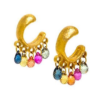 A Pair of 24 Karat Yellow Gold and Multicolored Sapphire Earrings, Gurhan, 4.20 dwts.