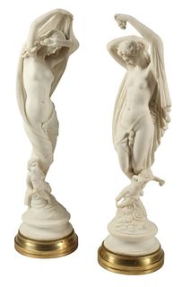 2) MARBLE SCULPTURES ALLEGORY OF DAY & NIGHT 41.5"