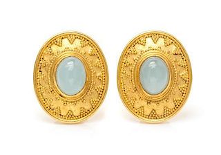A Pair of 18 Karat Yellow Gold and Chalcedony Earclips, 9.90 dwts.