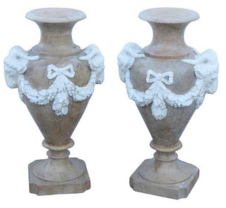 (2) NEOCLASSICAL STYLE MARBLE RAM'S HEAD URNS