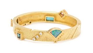 * A Cubist 18 Karat Yellow Gold, Opal, Tourmaline and Diamond Bracelet, Dan Alsberg, 31.60 dwts.