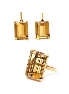 * A Collection of Retro Yellow Gold and Citrine Jewelry, 14.80 dwts.