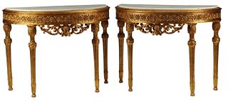 (2) LOUIS XVI STYLE MARBLE-TOP GILT CONSOLE TABLES