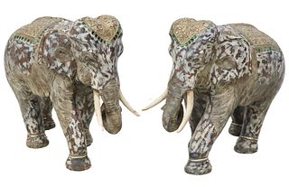 2) RAJPUT STYLE HAND-CARVED WOOD ELEPHANTS, 28"H