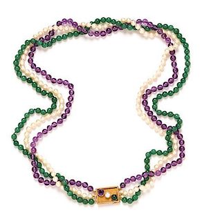 A 14 Karat Yellow Gold, Amethyst, Aventurine Quartz and Cultured Pearl Multi Strand Necklace, 88.10 dwts.