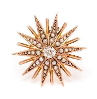 A Victorian Rose Gold, Diamond, Seed Pearl and Faux Pearl Starburst Brooch, 3.30 dwts.