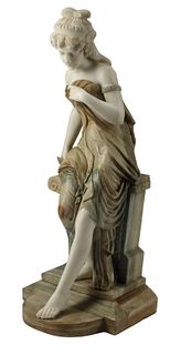 CARVED MARBLE SCULPTURE CLASSICAL MAIDEN, 49.5"