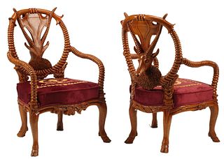 (2) CARVED WOOD ANTELOPE ARMCHAIRS