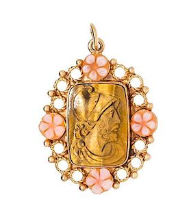A 14 Karat Yellow Gold, Tiger's Eye Cameo and Agate Pendant, 4.10 dwts.