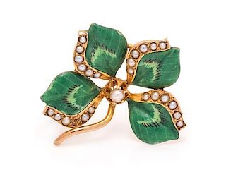 An Art Nouveau Yellow Gold, Polychrome Enamel and Seed Pearl Four-Leaf Clover Brooch, 1.90 dwts.