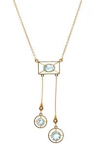 An Edwardian 15 Karat Yellow Gold, Aquamarine and Seed Pearl Negligee Necklace, 3.20 dwts.