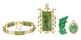 A Collection of Yellow Gold, Jade and Nephrite Jewelry, 24.90 dwts.