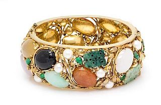 A Yellow Gold, Cultured Pearl and Multicolor Jade Bangle Bracelet, 52.40 dwts.