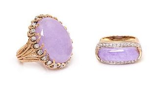 A Collection of 14 Karat Yellow Gold, Lavender Jade and Diamond Rings, 23.70 dwts.