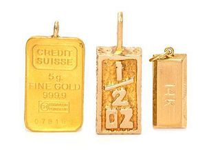 A Collection of Yellow Gold Ingot Motif Pendants, 14.00 dwts.