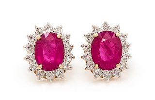 A Pair of 14 Karat Yellow Gold, Ruby and Diamond Earrings, 4.30 dwts.