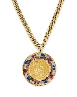A 14 Karat Yellow Gold, US $10 Dollar Liberty Coin and Synthetic Sapphire, Ruby and CZ Necklace, 52.10 dwts.