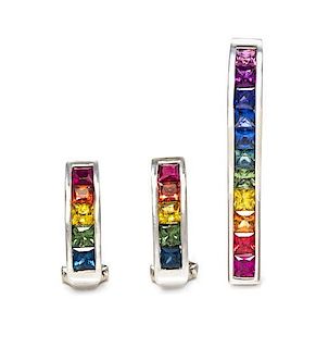 A Set of White Gold and Multicolor Sapphire Jewelry, 6.70 dwts.
