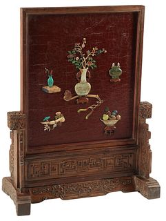 CHINESE CARVED & STONE-INLAID TABLE SCREEN