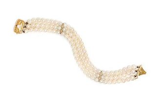 An 18 Karat Yellow Gold and Cultured Pearl Multistrand Bracelet, Mikimoto, 14.50 dwts.